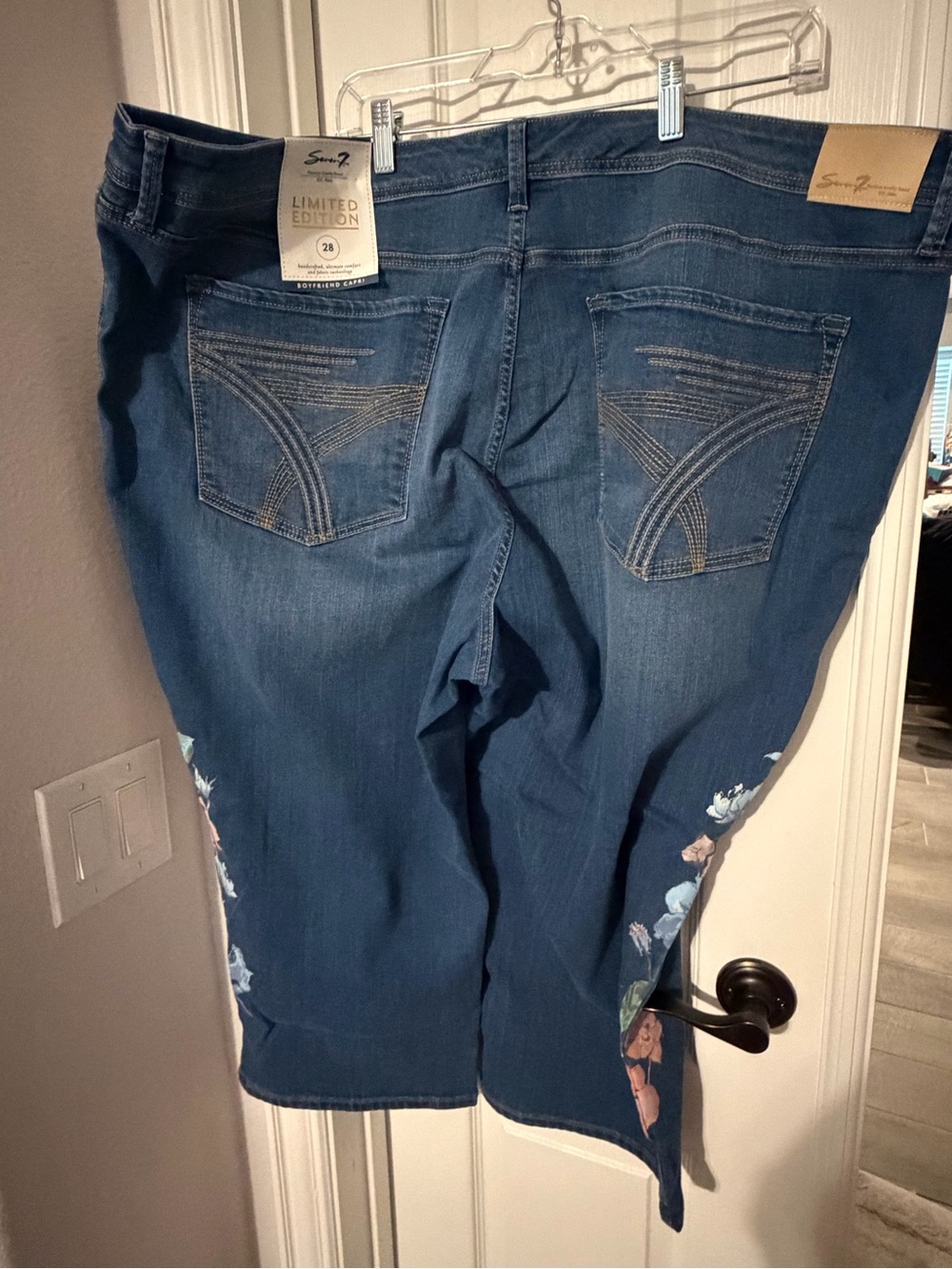 Seven7 Dark Blue Cropped Jeans with Pink & Light Blue Floral Embroidery - Picture 2 of 9